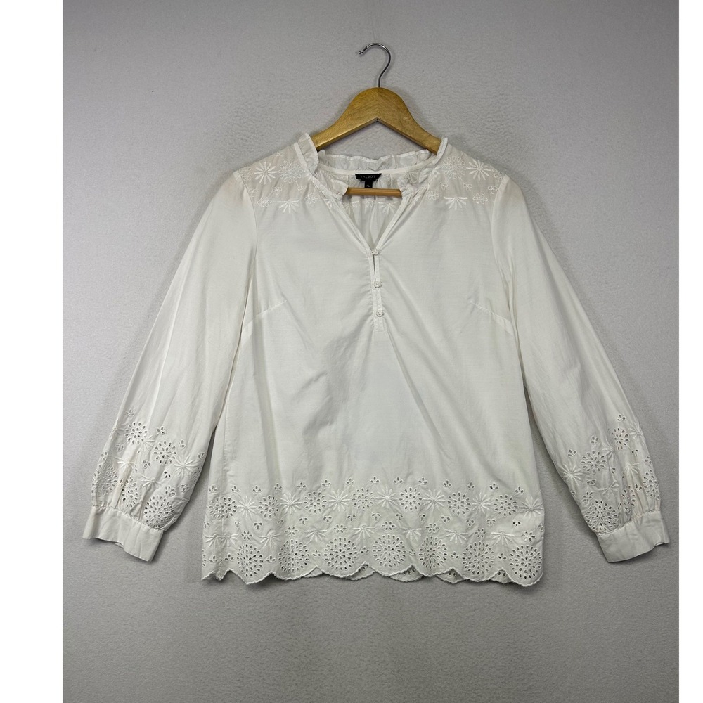 Cottagecore Talbots Women MP White Eyelet Embroidered Scallop Hem Cotton Blouse